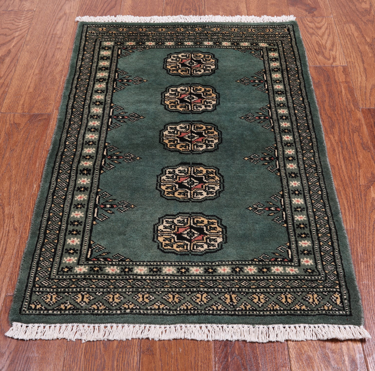 Green Bokhara Hand Knotted Wool Rug - 2' 1" X 3' 1"