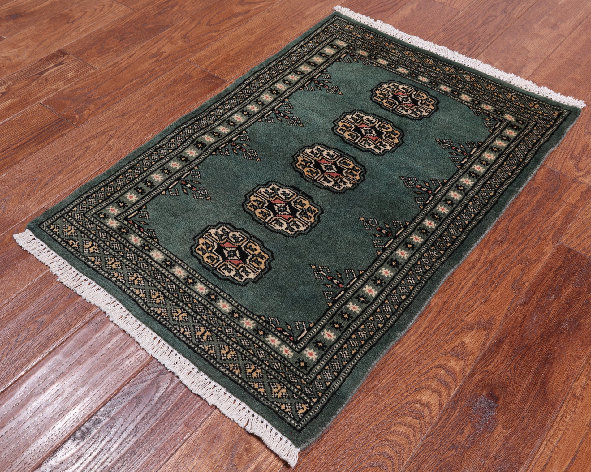 Green Bokhara Hand Knotted Wool Rug - 2' 1" X 3' 1"