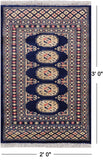 Navy Blue Bokhara Hand-Knotted Wool Rug - 2' 0" X 3' 0"