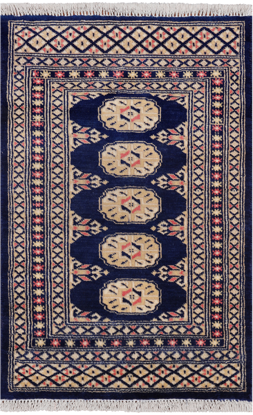 Navy Blue Bokhara Hand-Knotted Wool Rug - 2' 0" X 3' 0"