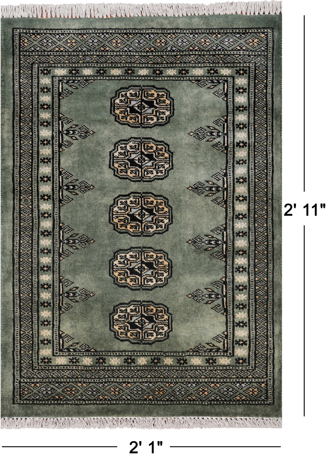 Green Bokhara Handmade Wool Rug - 2' 1" X 2' 11"