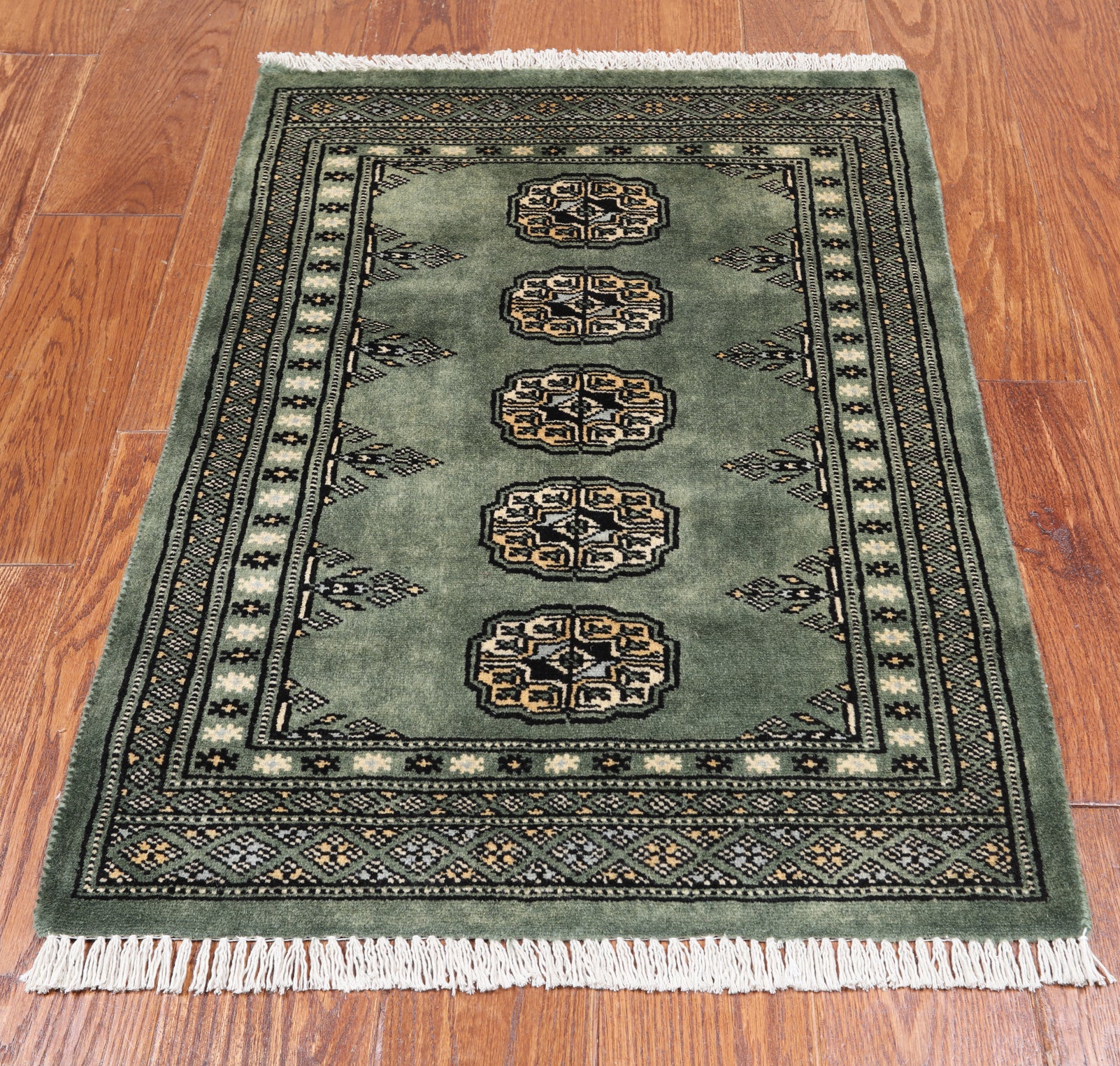 Green Bokhara Handmade Wool Rug - 2' 1" X 2' 11"