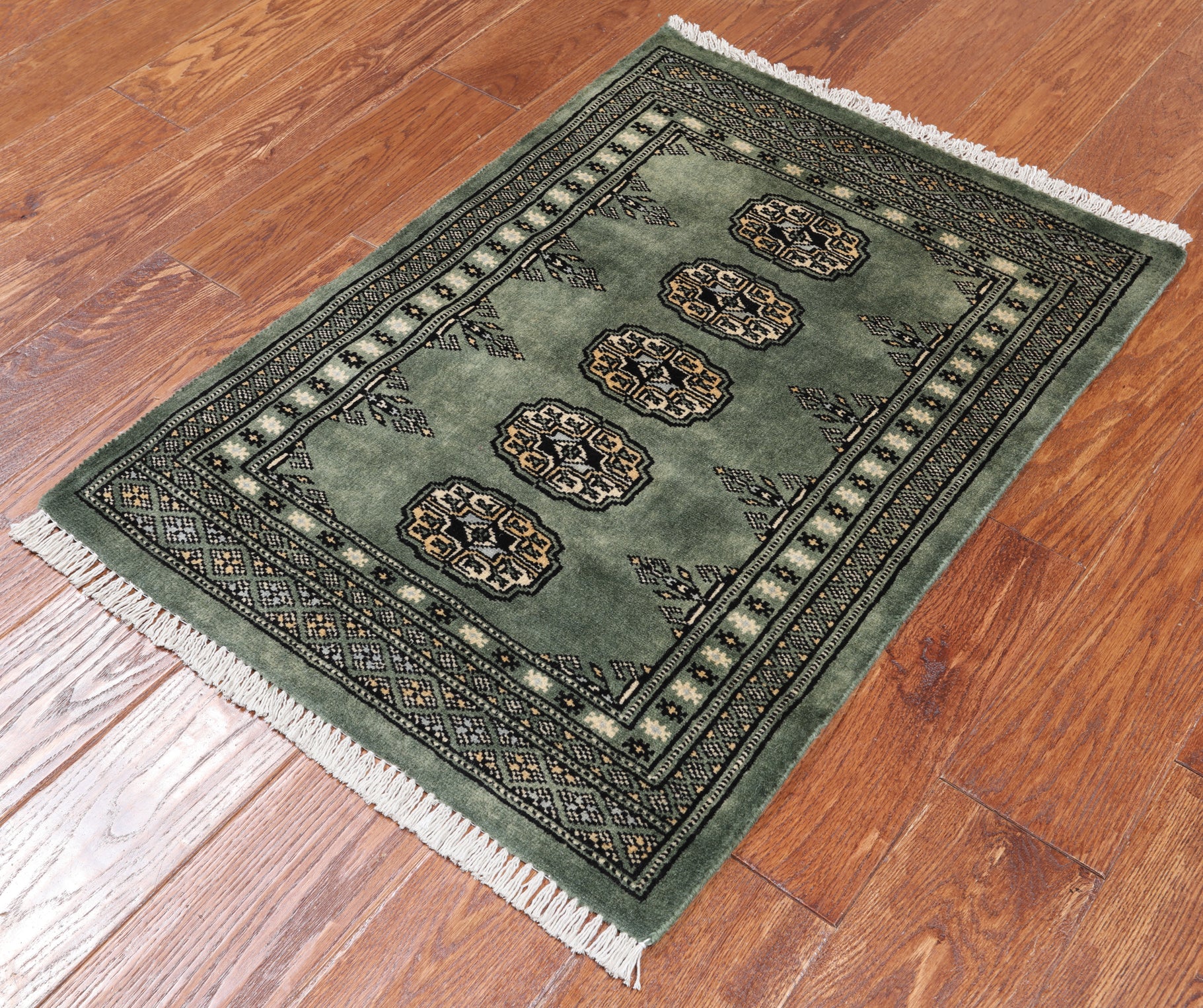 Green Bokhara Handmade Wool Rug - 2' 1" X 2' 11"