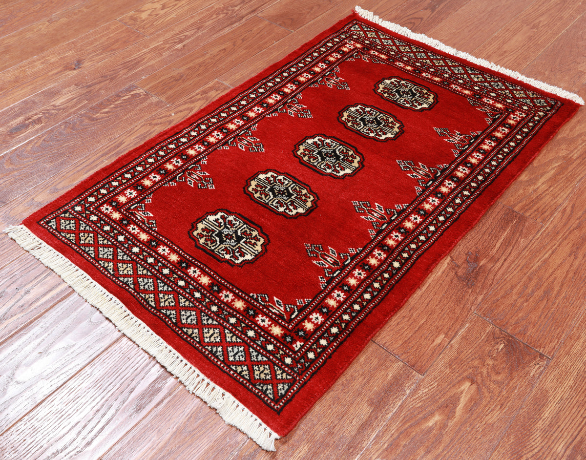 Red Bokhara Hand-Knotted Wool Rug - 2' 0" X 3' 1"