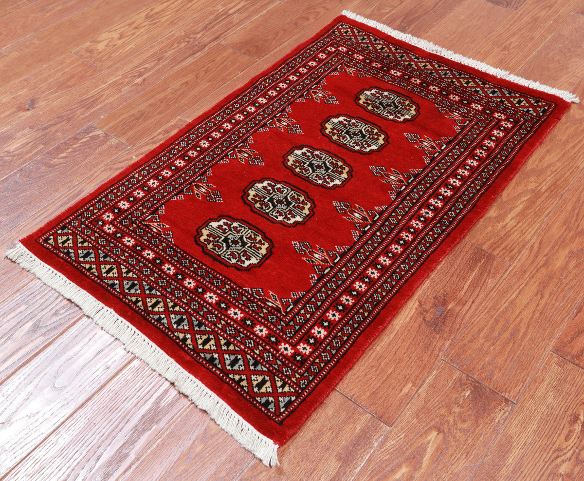 Red Bokhara Hand-Knotted Wool Rug - 2' 0" X 3' 3"
