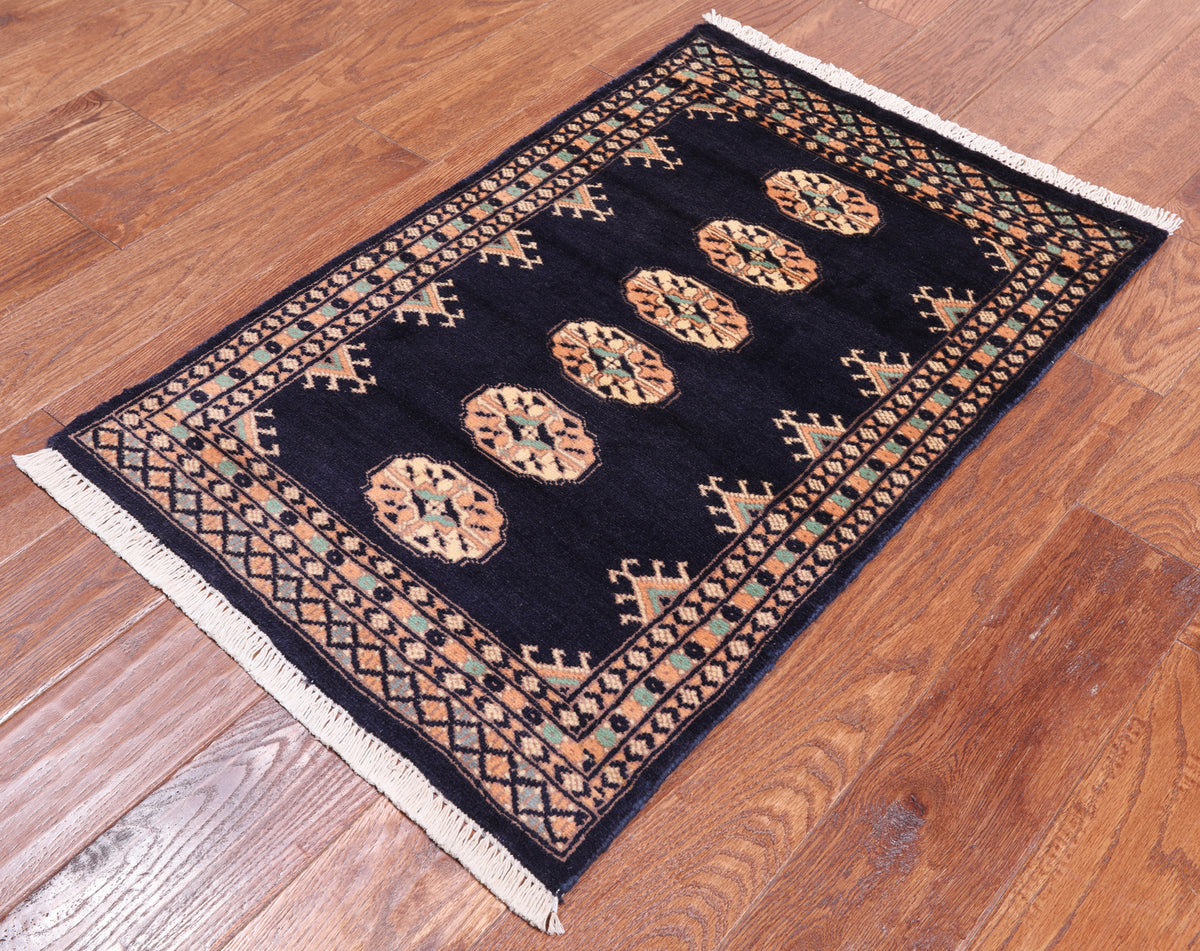 Navy Blue Bokhara Hand Knotted Wool Rug - 2' 0" X 3' 1"