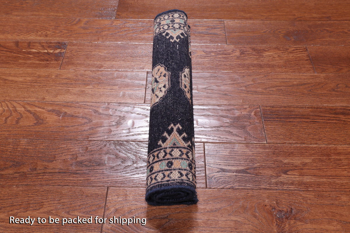 Navy Blue Bokhara Hand Knotted Wool Rug - 2' 0" X 3' 1"