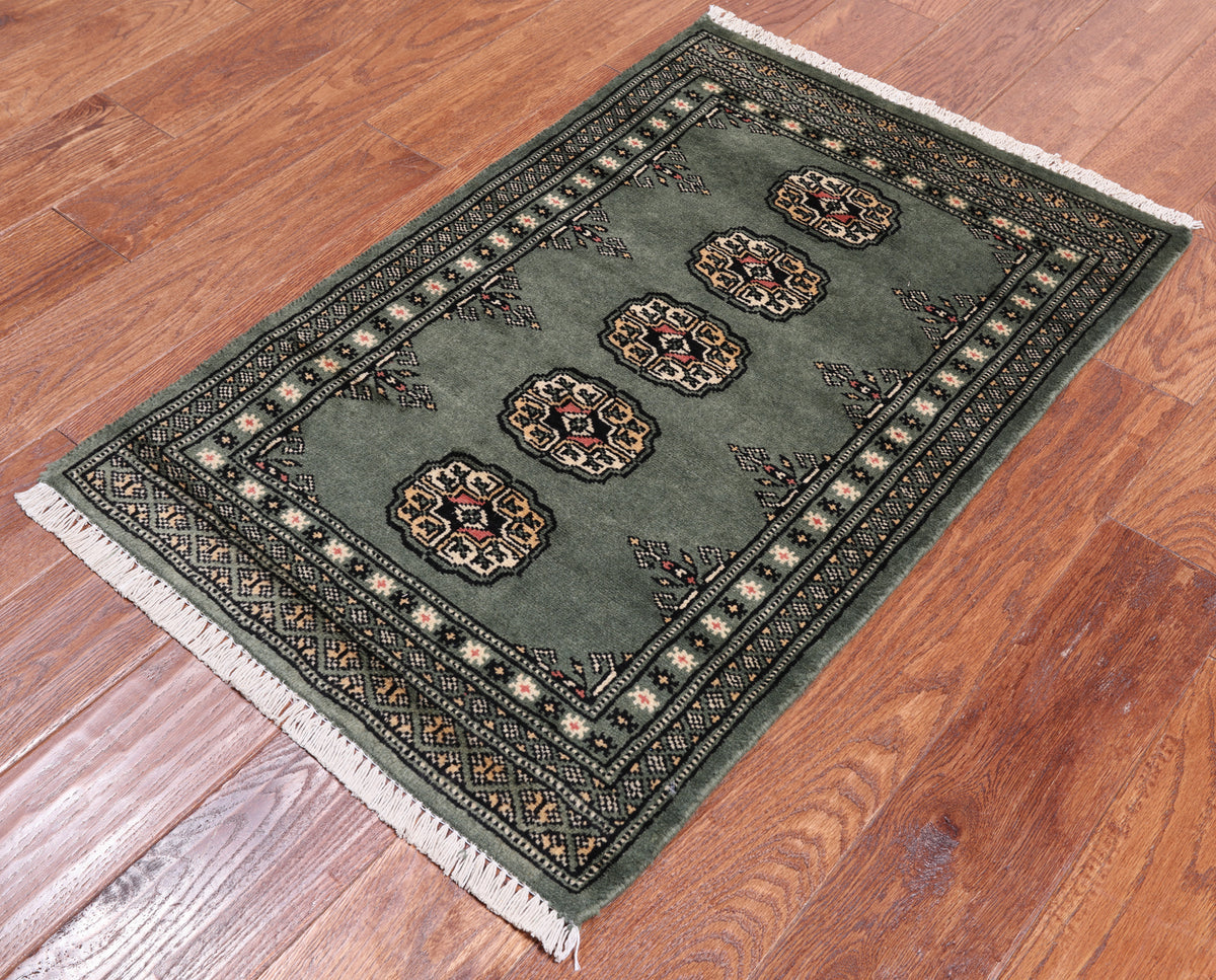 Green Bokhara Hand Knotted Wool Rug - 2' 0" X 3' 2"