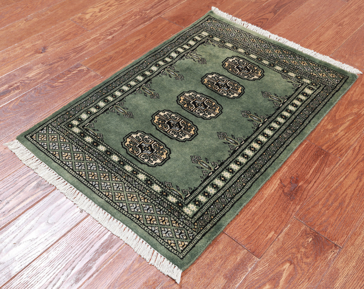 Green Bokhara Hand Knotted Wool Rug - 2' 0" X 2' 10"