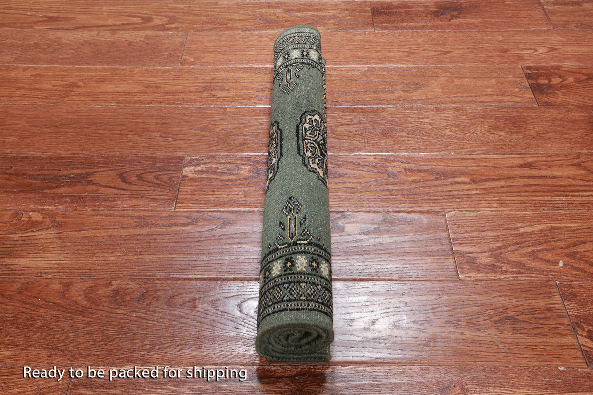 Green Bokhara Hand Knotted Wool Rug - 2' 0" X 2' 10"