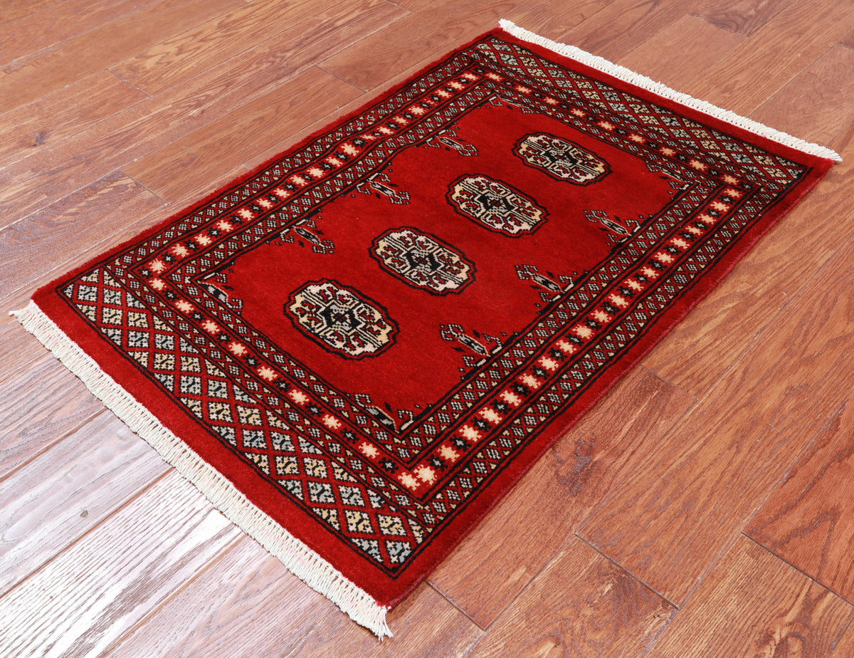 Red Bokhara Hand Knotted Wool Rug - 2' 1" X 3' 1"