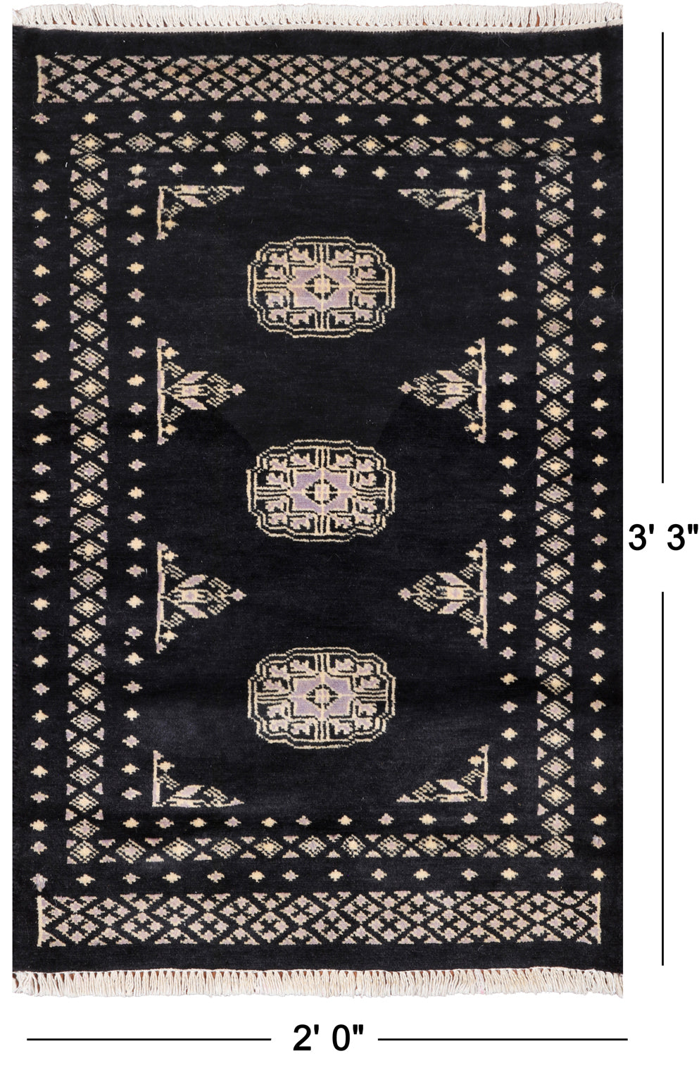Black Bokhara Hand-Knotted Wool Rug - 2' 0" X 3' 3"