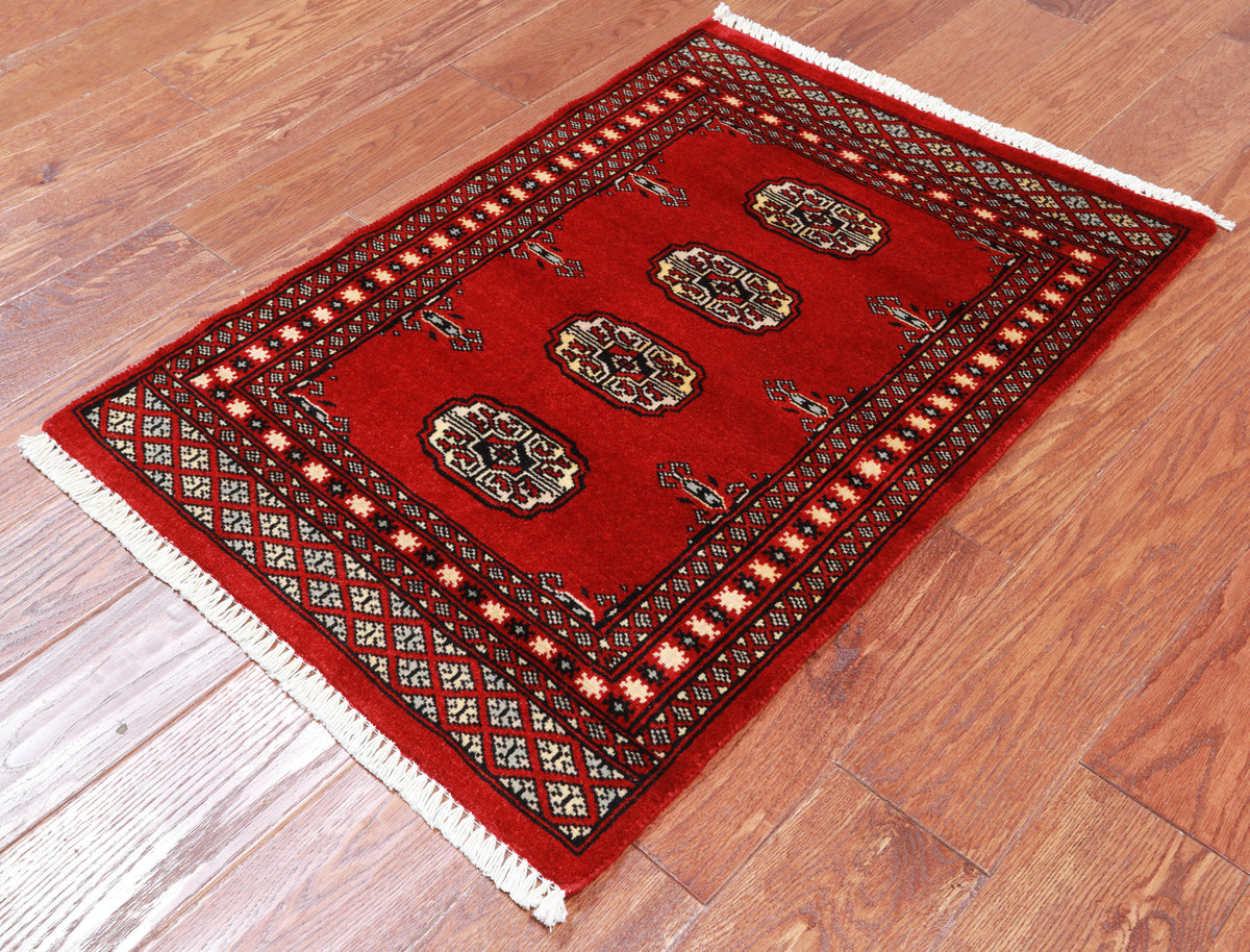 Red Bokhara Hand Knotted Wool Rug - 2' 1" X 3' 1"