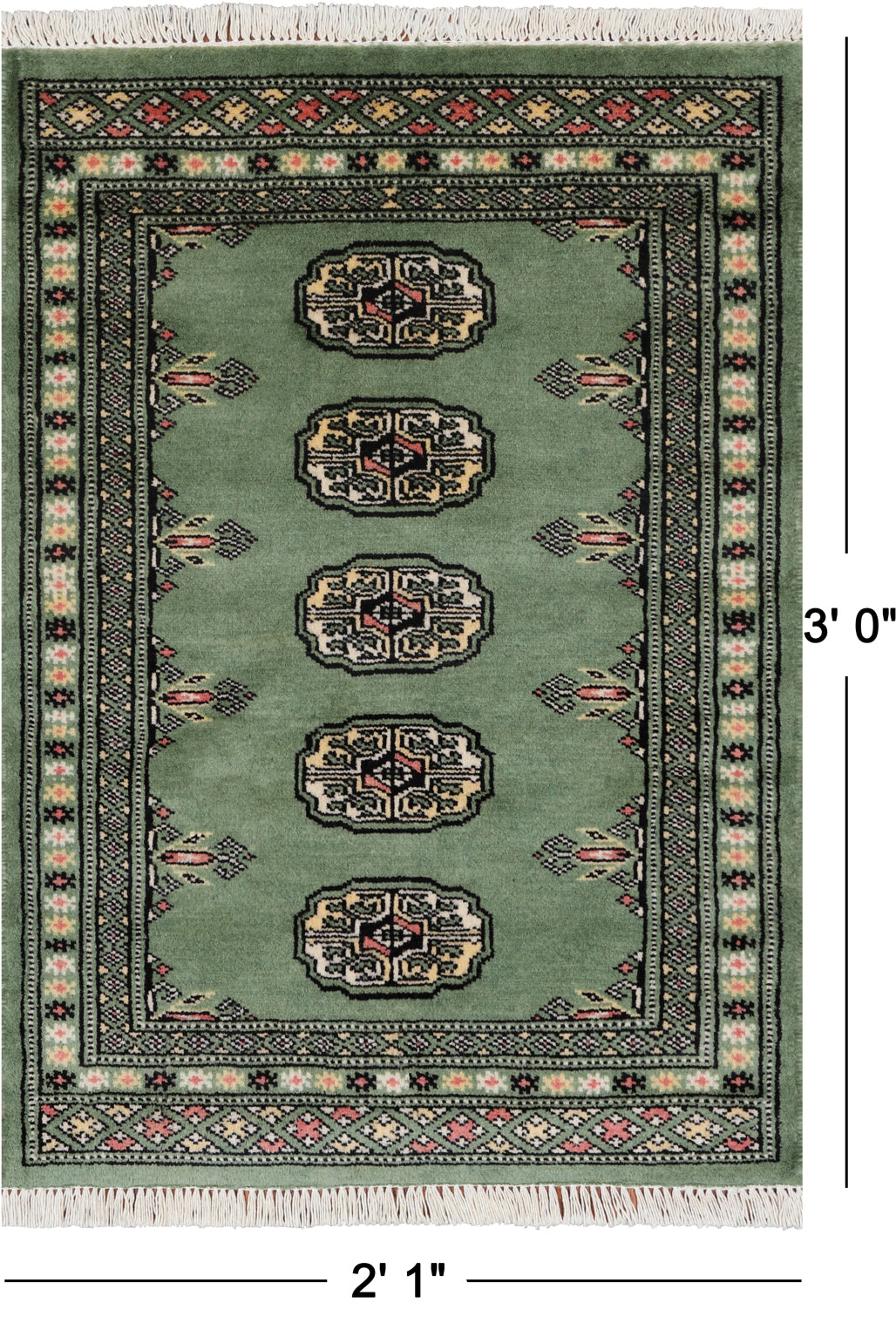 Green Bokhara Handmade Wool Rug - 2' 1" X 3' 0"