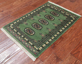Green Bokhara Handmade Wool Rug - 2' 1" X 3' 0"