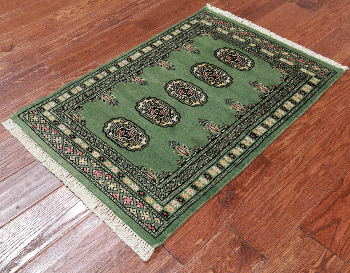 Green Bokhara Handmade Wool Rug - 2' 1" X 3' 0"