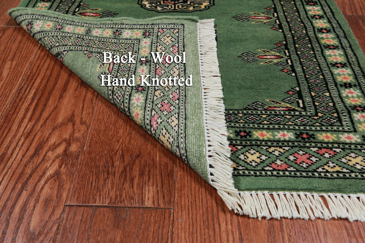 Green Bokhara Handmade Wool Rug - 2' 1" X 3' 0"