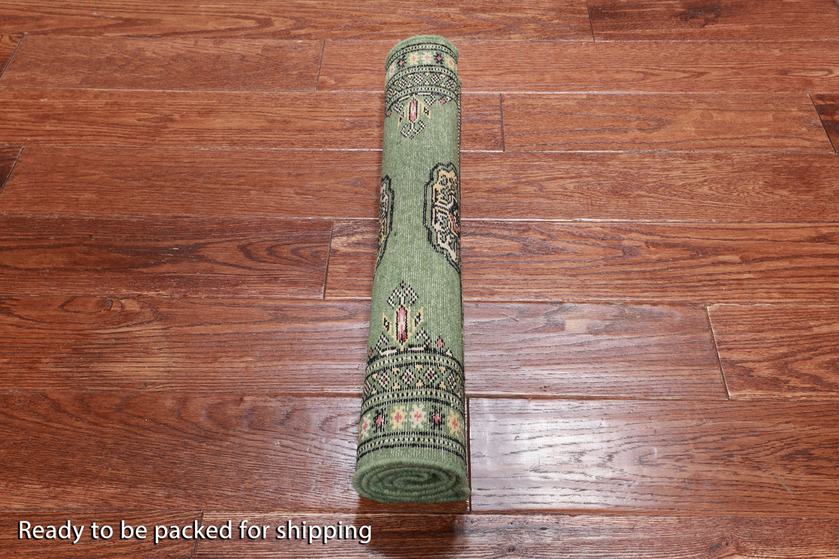 Green Bokhara Handmade Wool Rug - 2' 1" X 3' 0"