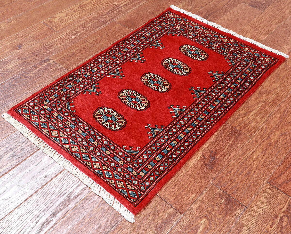 Red Bokhara Handmade Wool Rug - 2' 1" X 3' 2"