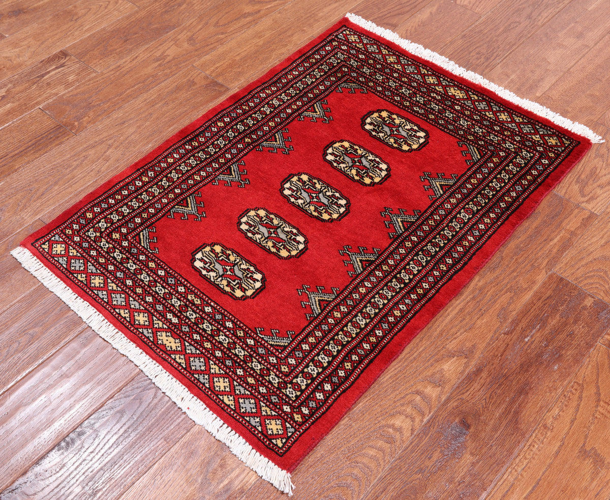 Red Bokhara Handmade Wool Rug - 2' 1" X 3' 0"