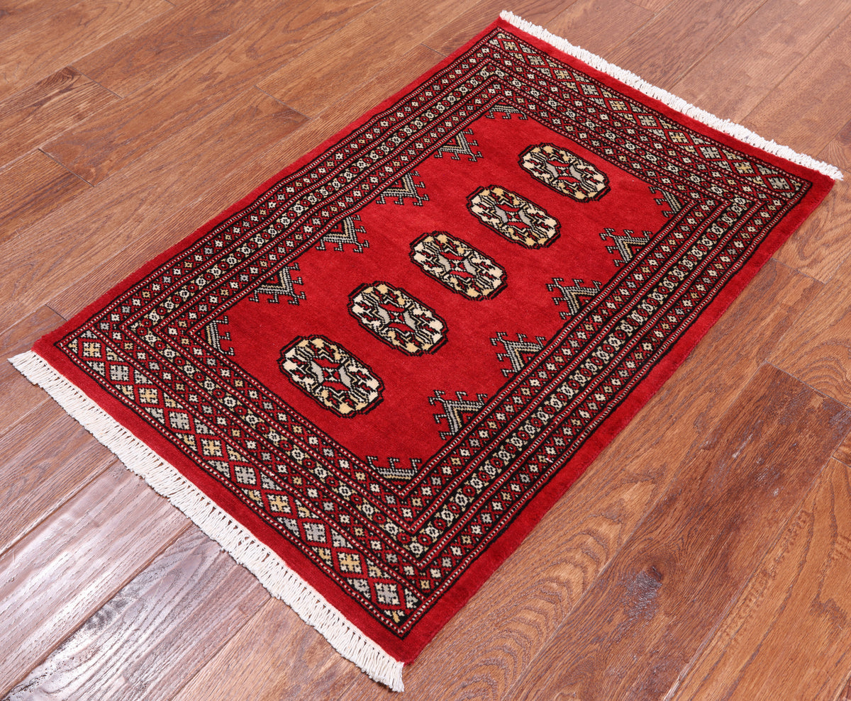 Red Bokhara Handmade Wool Rug - 2' 0" X 3' 1"