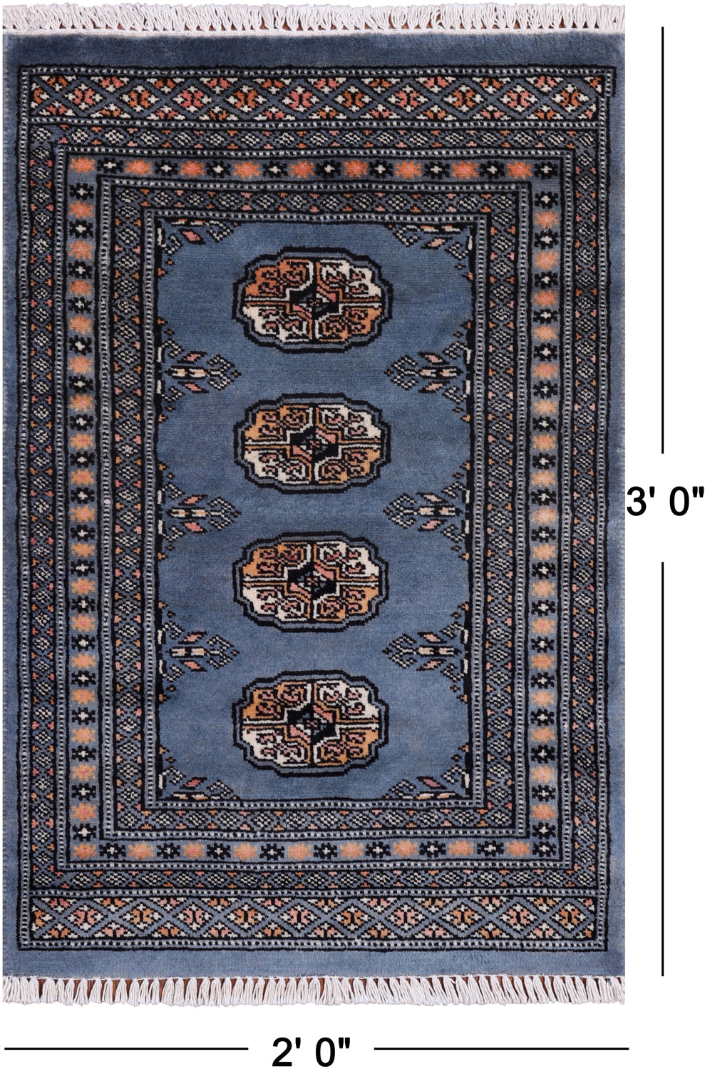 Blue Bokhara Hand-Knotted Wool Rug - 2' 0" X 3' 0"