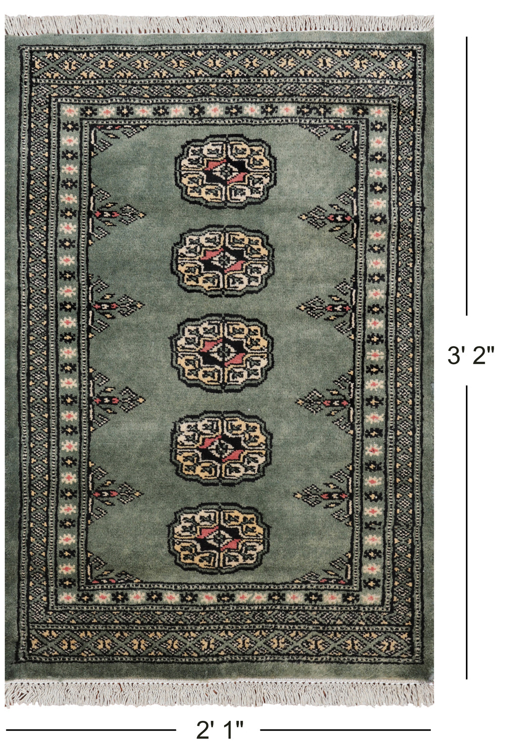 Green Bokhara Hand Knotted Wool Rug - 2' 1" X 3' 2"