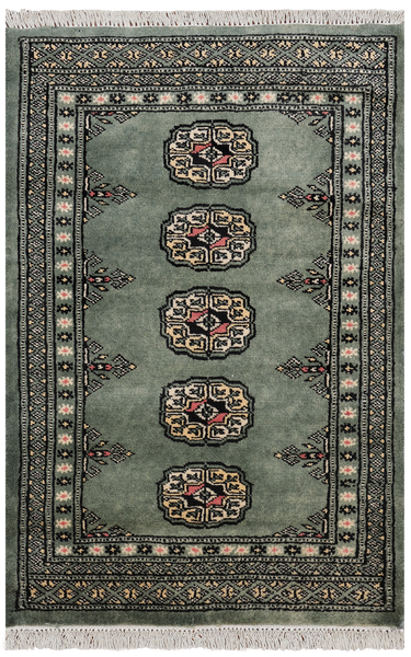 Green Bokhara Hand Knotted Wool Rug - 2' 1" X 3' 2"