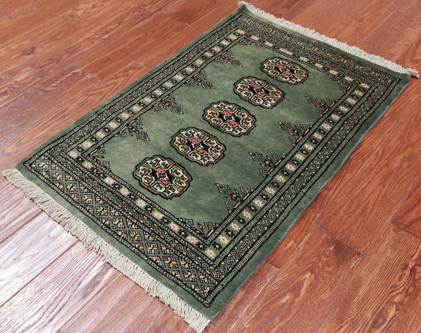 Green Bokhara Hand Knotted Wool Rug - 2' 1" X 3' 2"