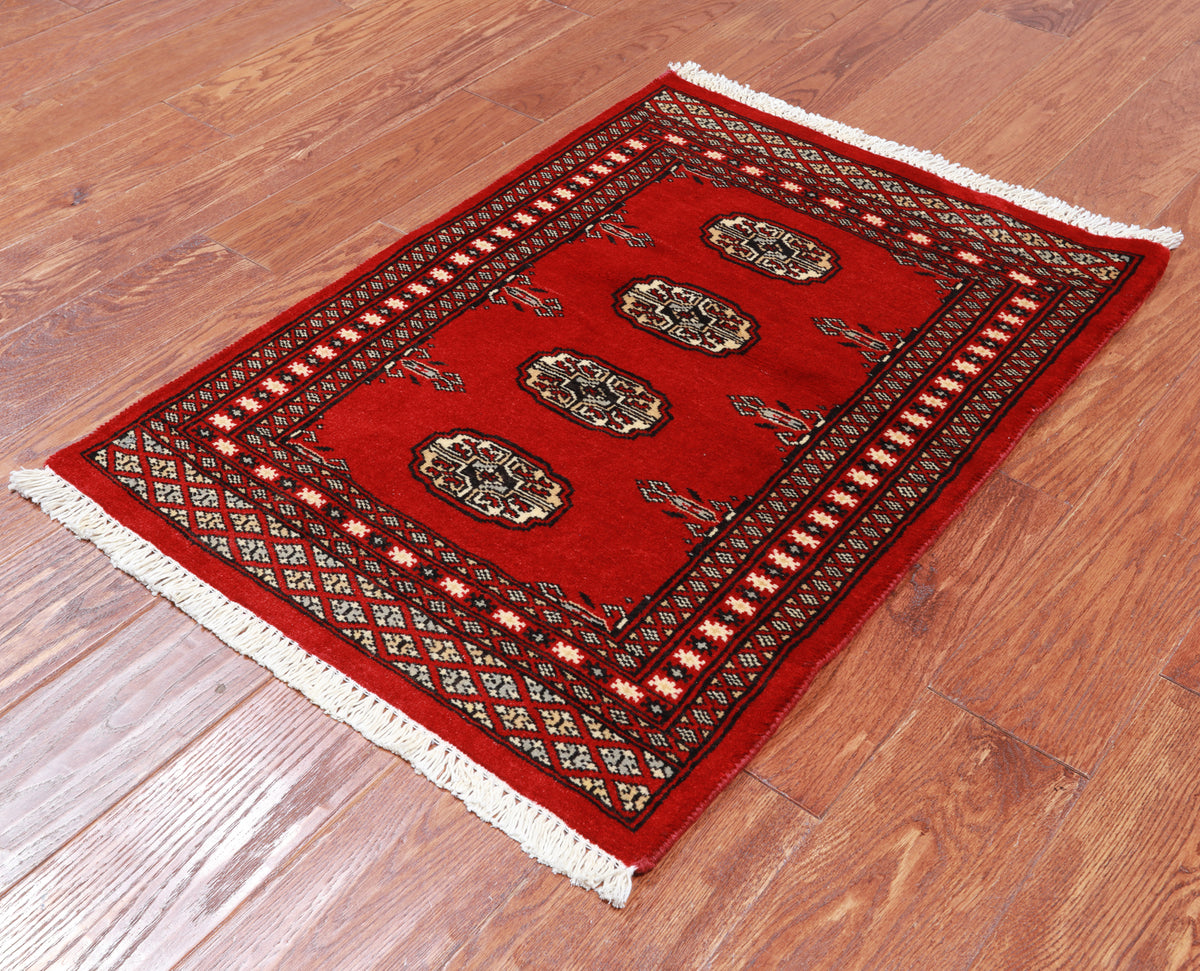 Red Bokhara Hand Knotted Wool Rug - 2' 1" X 2' 11"