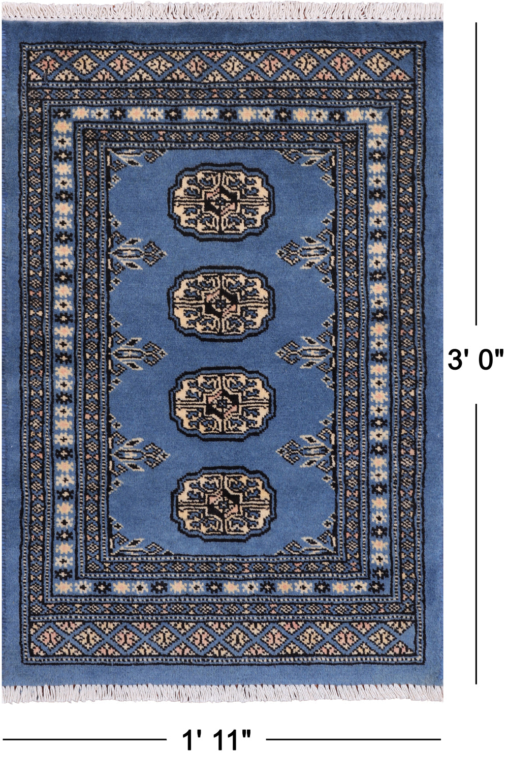 Blue Bokhara Hand-Knotted Wool Rug - 1' 11" X 3' 0"