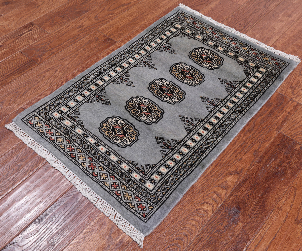 Grey Bokhara Handmade Wool Rug - 2' 0" X 3' 1"