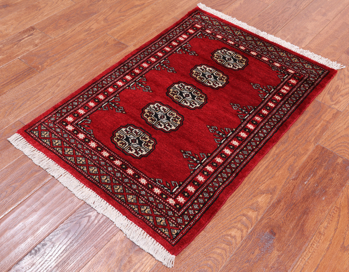 Red Bokhara Hand Knotted Wool Rug - 2' 0" X 3' 0"