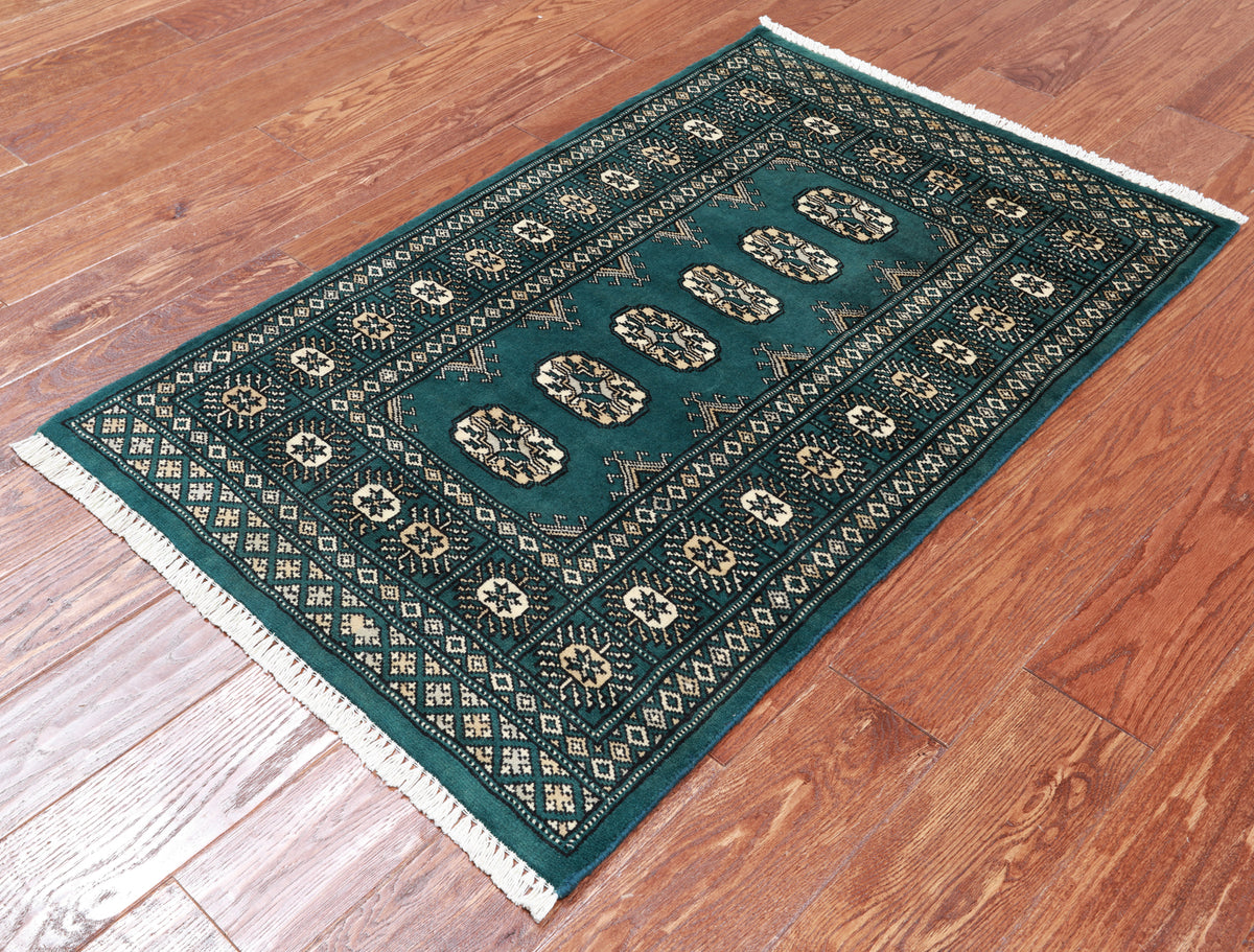 Green Bokhara Hand-Knotted Wool Rug - 2' 6" X 4' 0"