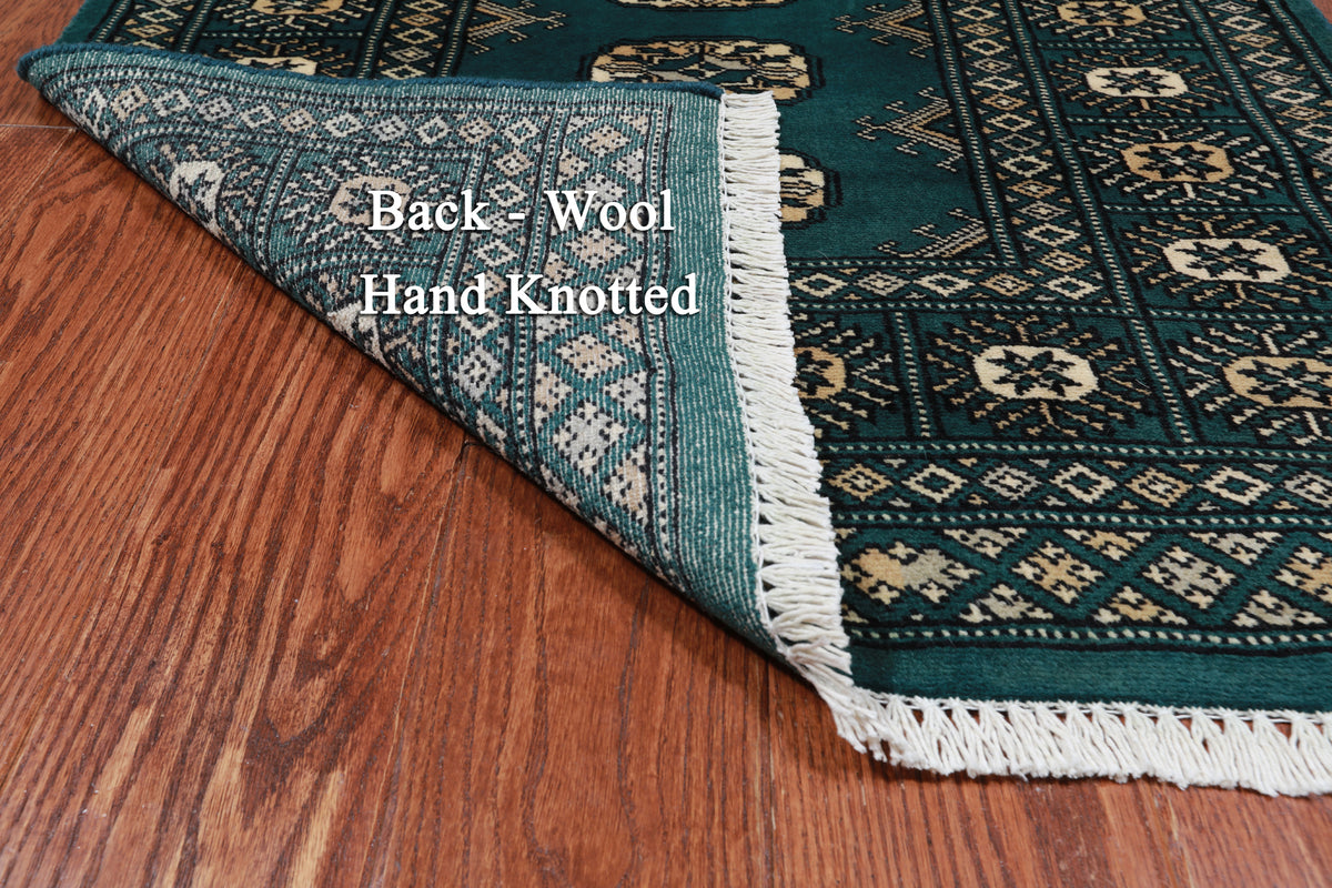 Green Bokhara Hand-Knotted Wool Rug - 2' 6" X 4' 0"