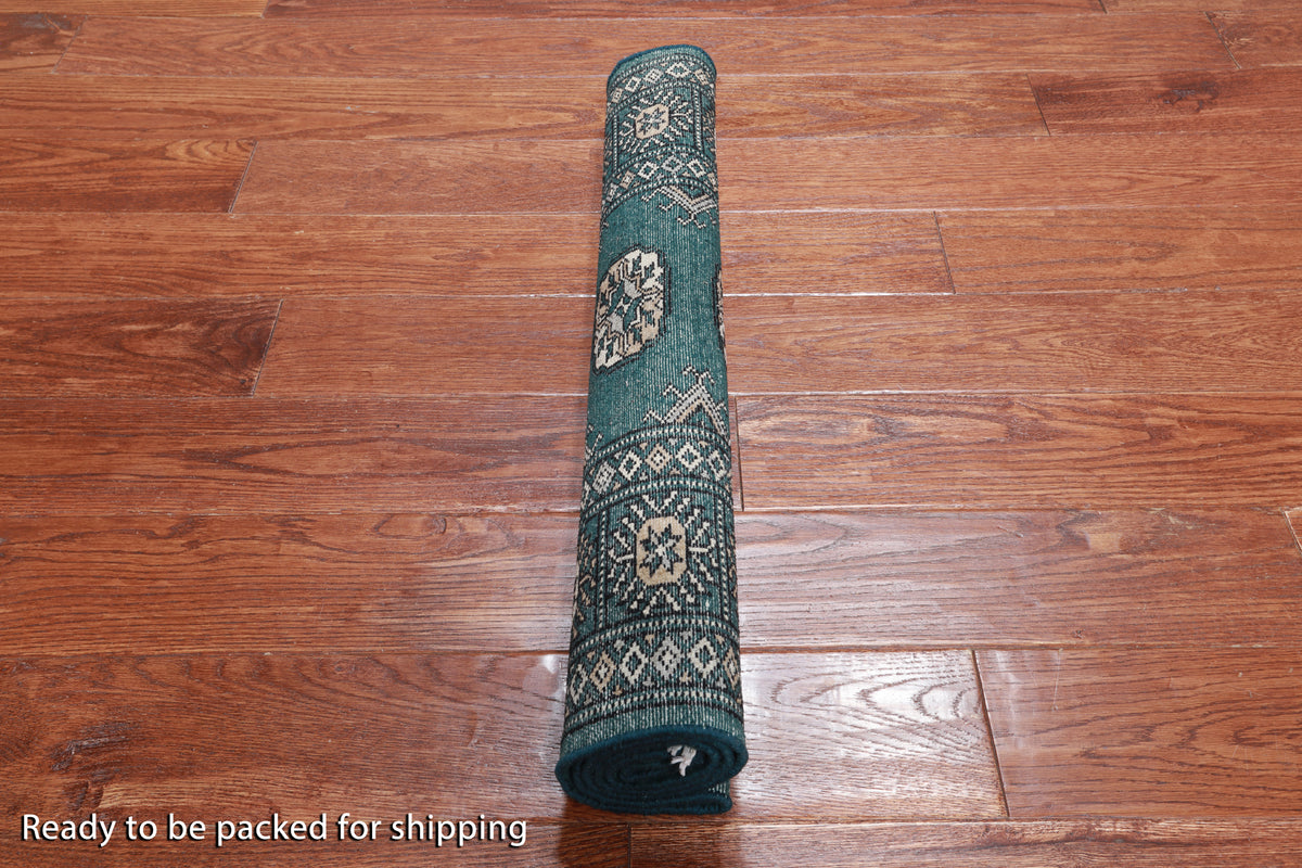 Green Bokhara Hand-Knotted Wool Rug - 2' 6" X 4' 0"
