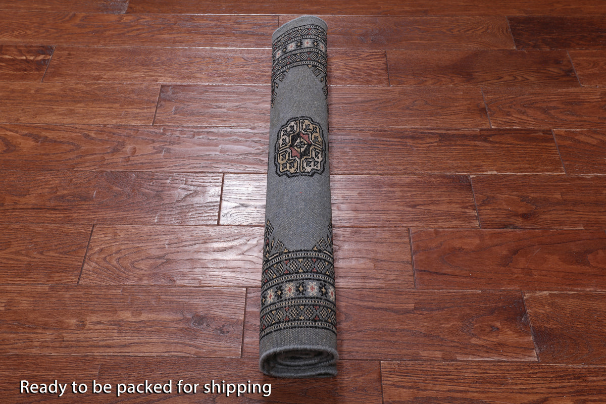 Grey Bokhara Hand-Knotted Wool Rug - 2' 7" X 3' 11"
