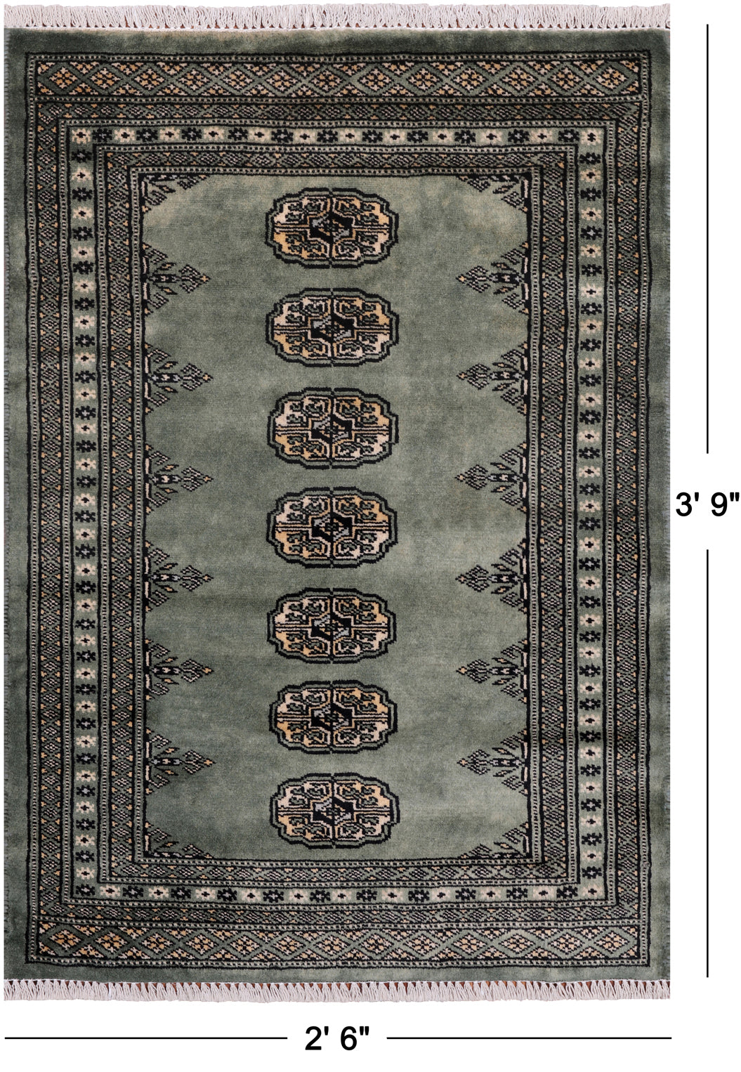 Green Bokhara Hand-Knotted Wool Rug - 2' 6" X 3' 9"