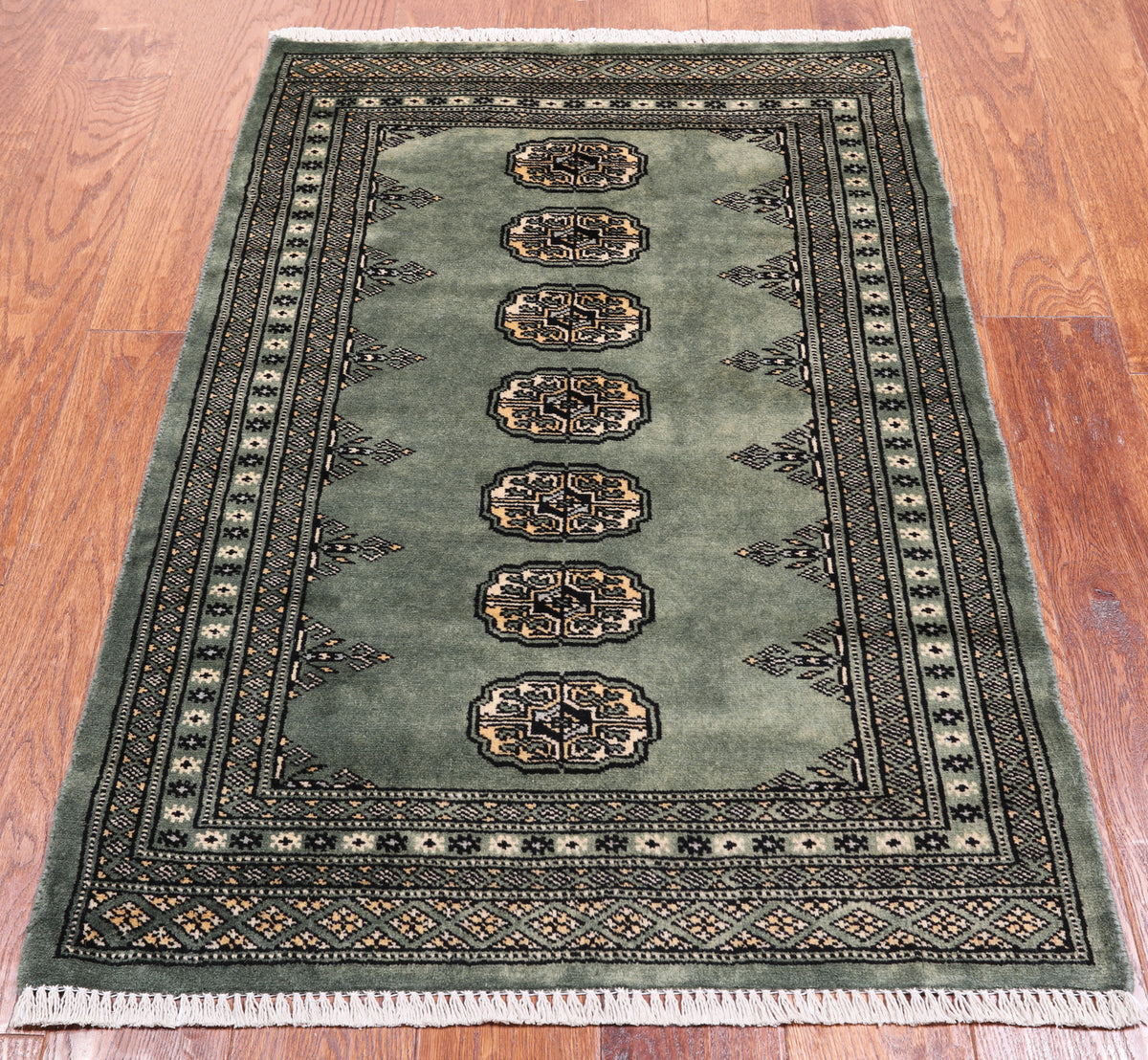 Green Bokhara Hand-Knotted Wool Rug - 2' 6" X 3' 9"
