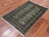 Green Bokhara Hand-Knotted Wool Rug - 2' 6" X 3' 9"