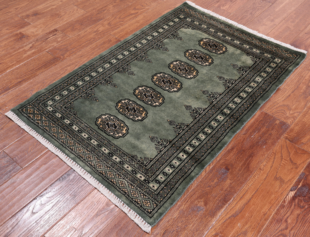 Green Bokhara Hand-Knotted Wool Rug - 2' 6" X 3' 9"