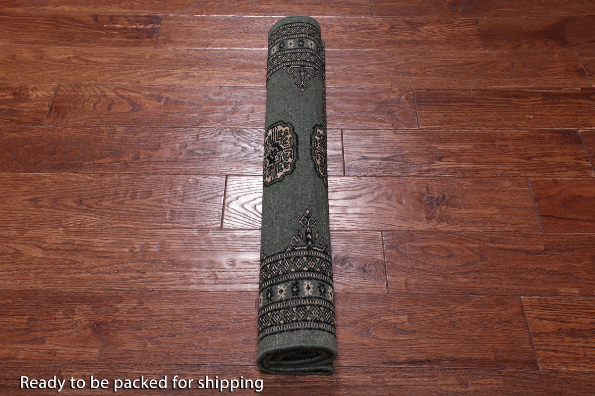 Green Bokhara Hand-Knotted Wool Rug - 2' 6" X 3' 9"