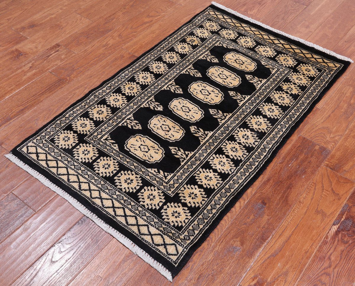 Black Bokhara Handmade Wool Rug - 2' 6" X 4' 0"