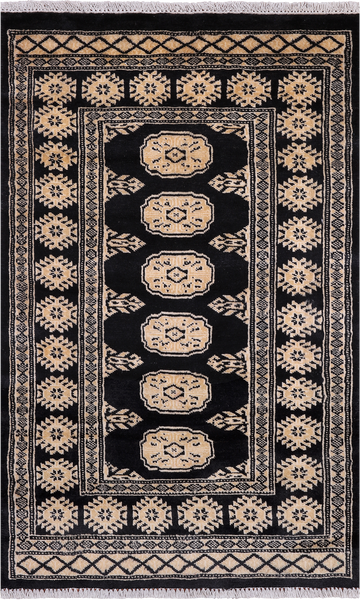 Black Bokhara Handmade Wool Rug - 2' 6" X 4' 0"