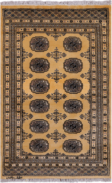 Gold Signed Bokhara Handmade Wool Rug - 2' 7" X 4' 1"