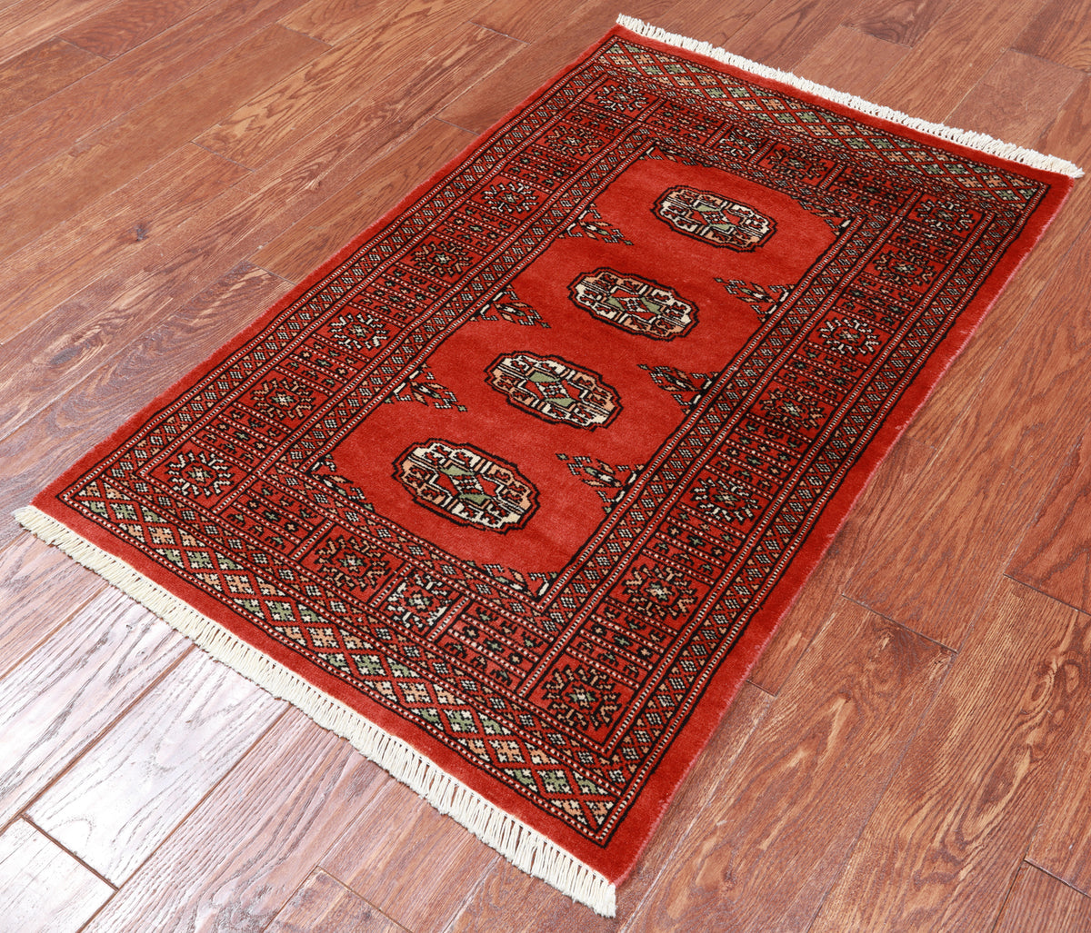 Orange Bokhara Handmade Wool Rug - 2' 6" X 3' 11"