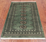 Green Bokhara Handmade Wool Rug - 2' 7" X 4' 1"