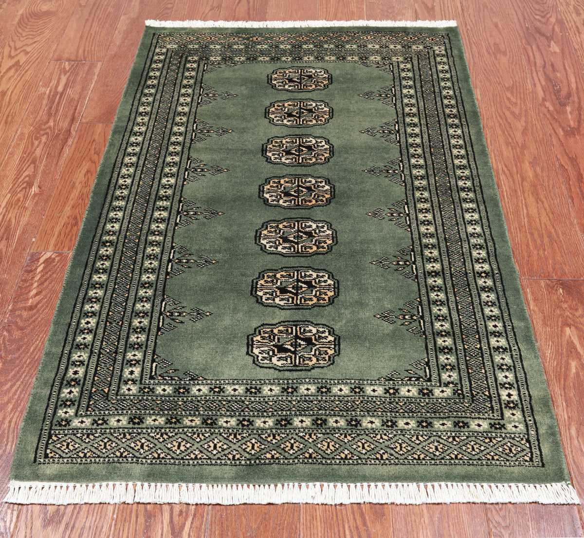 Green Bokhara Handmade Wool Rug - 2' 7" X 4' 1"