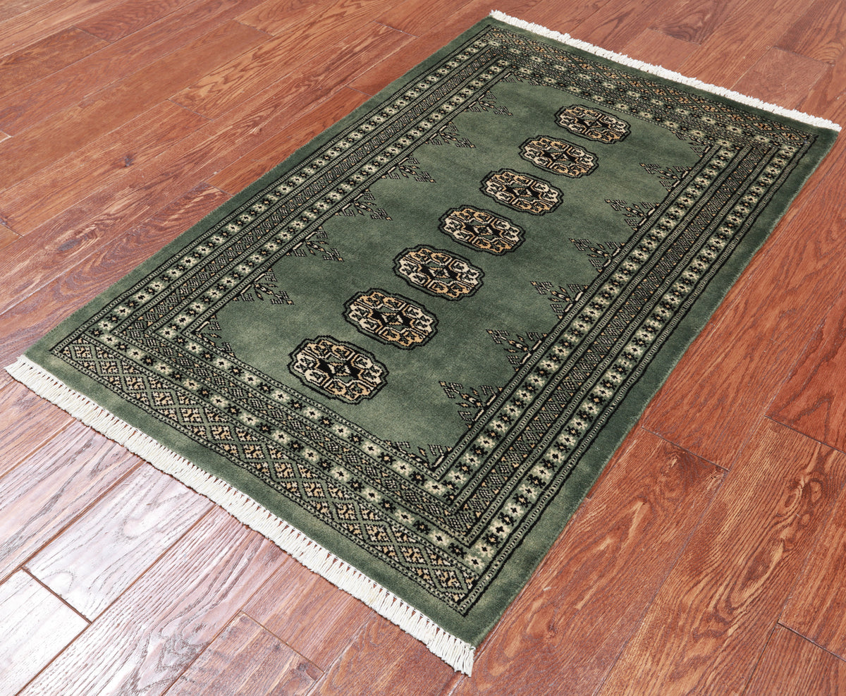 Green Bokhara Handmade Wool Rug - 2' 7" X 4' 1"