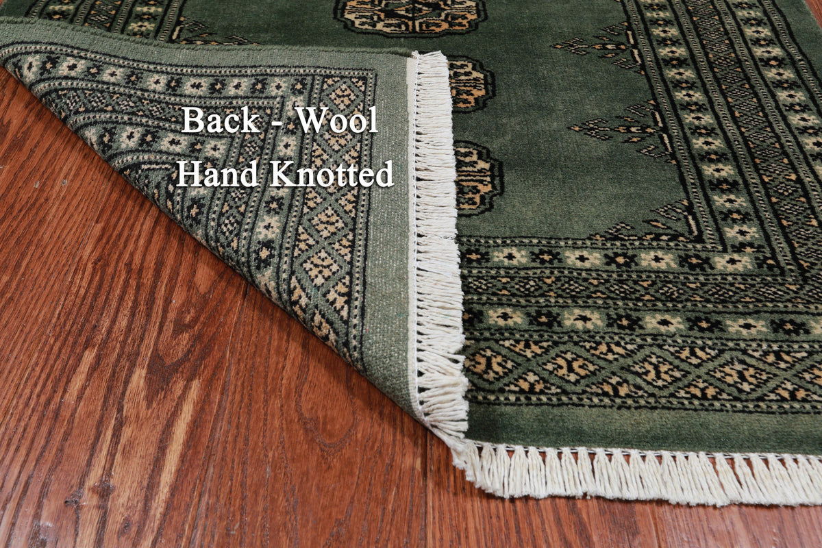Green Bokhara Handmade Wool Rug - 2' 7" X 4' 1"